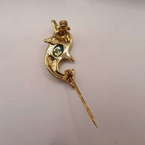Pan Pacific Jade Dolphin Gold Tone Rhinestone Brooch - Picture 7 of 8